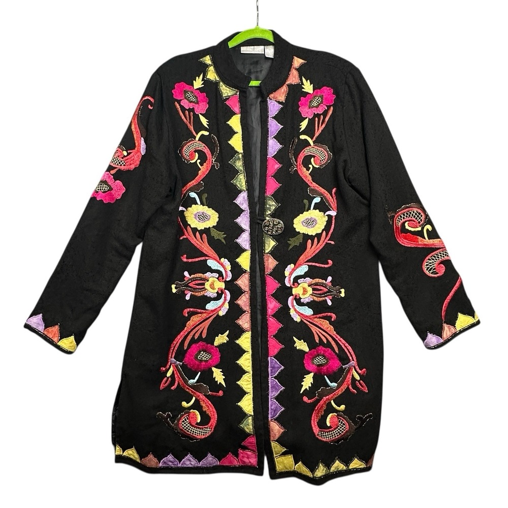 VTG Soft Surroundings Jacket Women Large Black Multicolor Floral Embroidery Boho